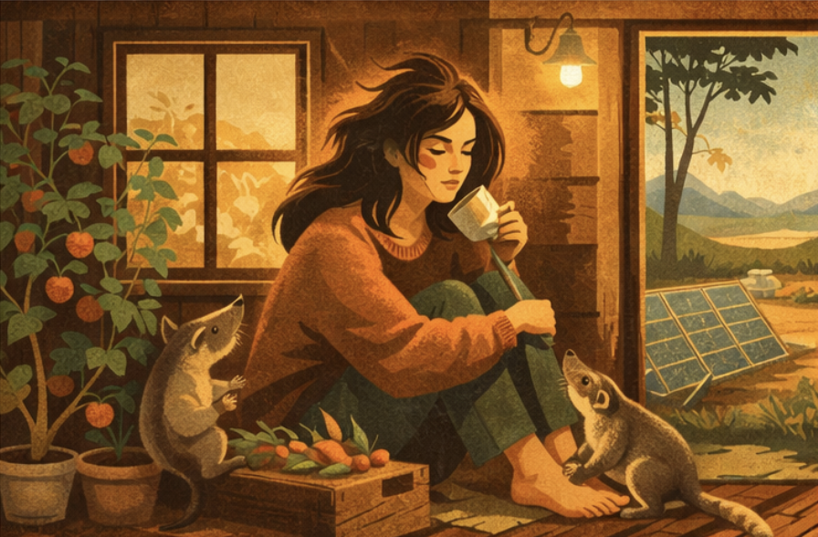 woman experiencing IVF hormone mood changes sitting in a rustic cabin illustration