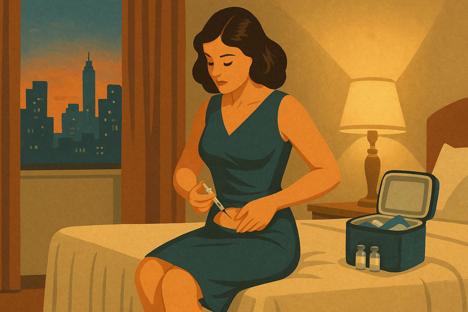 Vintage poster-style illustration of a woman injecting IVF hormones on the edge of a hotel bed with a cooler bag nearby.