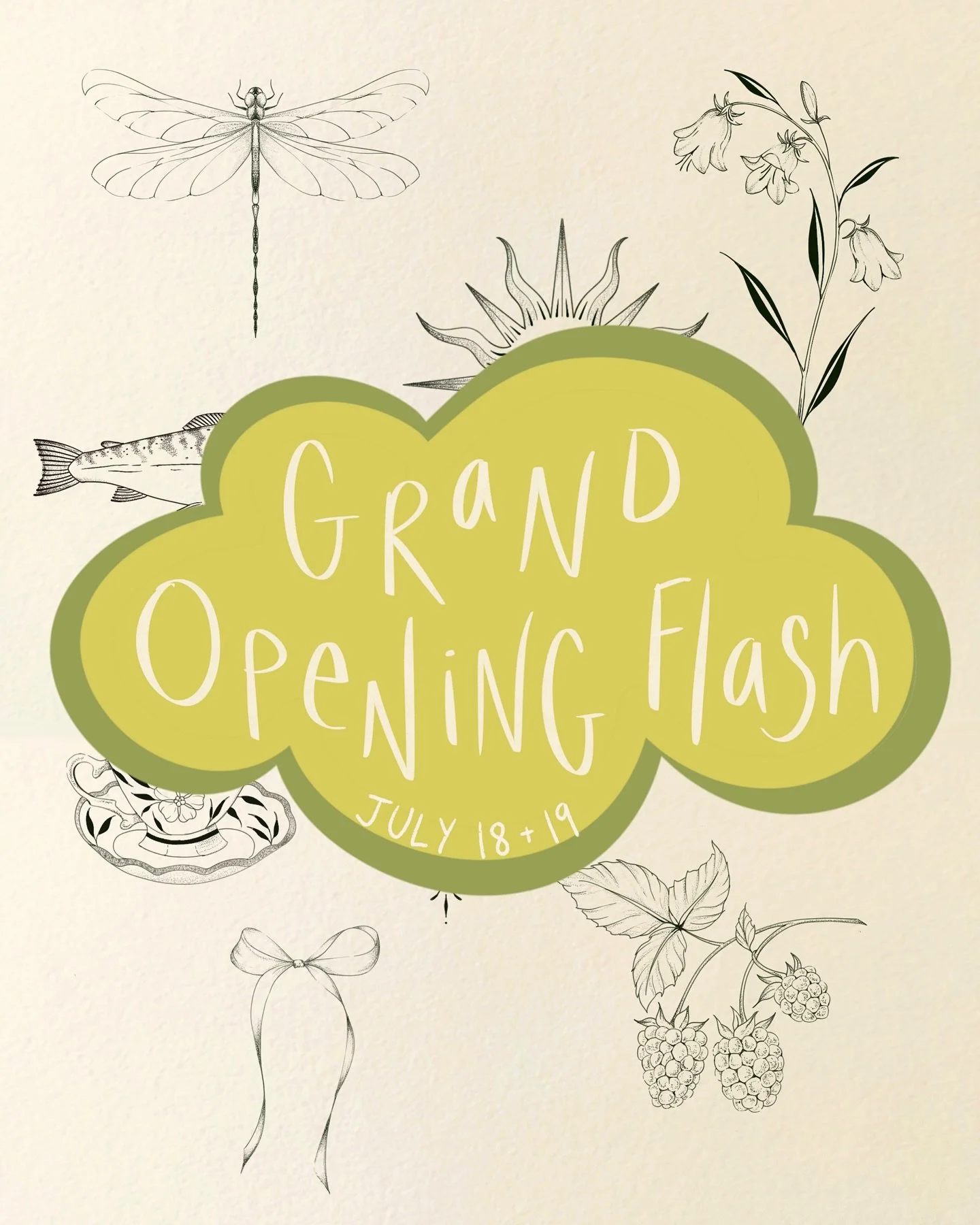 !! here&rsquo;s the flash sheet for next week&rsquo;s Grand Opening (July 18 + 19 10am-6pm) !! 

Slots will go live tomorrow morning 7/11 @ 10am, limited to 20 spots so be quick!! Each tattoo will be $70 cash or card (card will have an additional 2.5