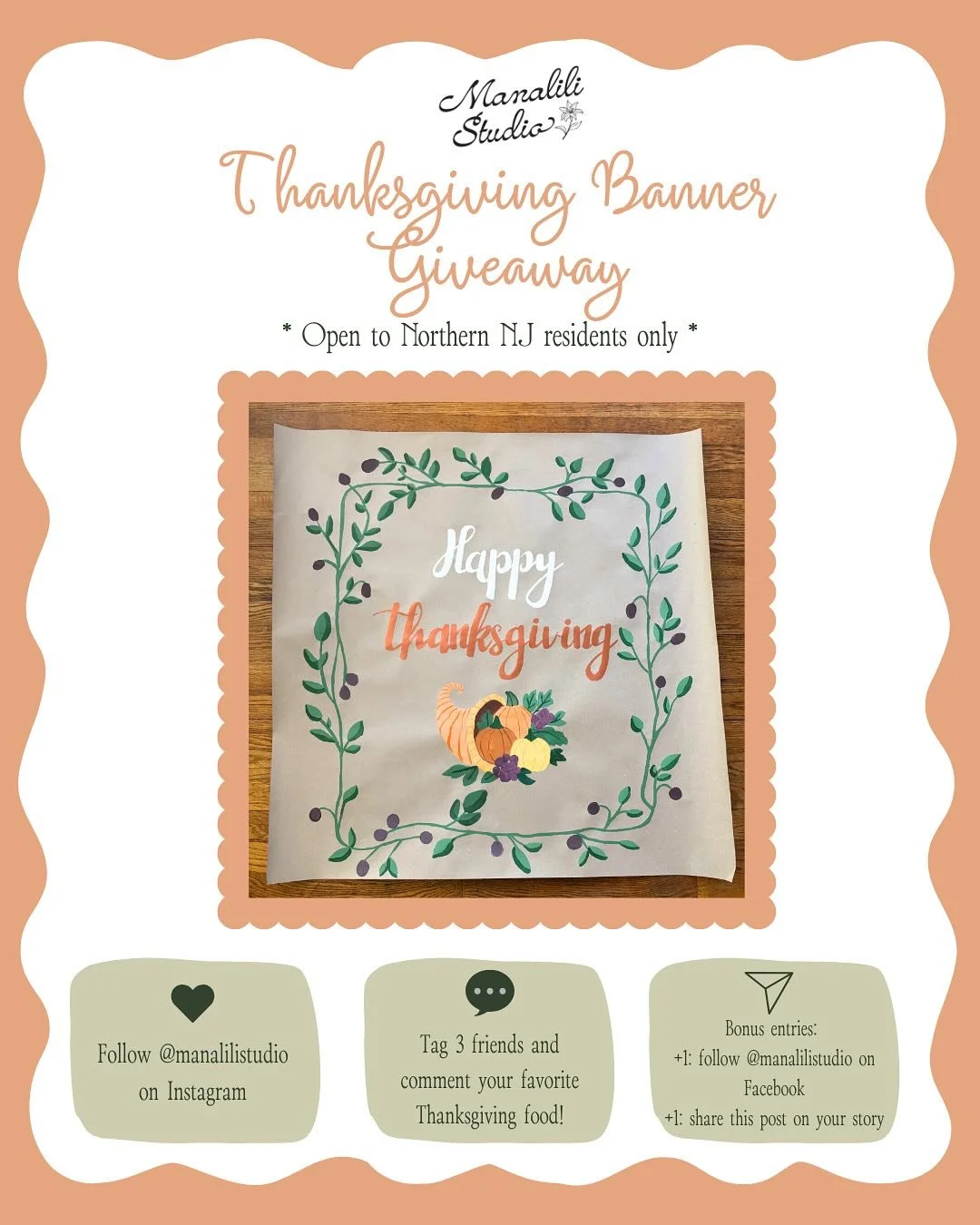 Happy November! A new month, a new giveaway for this 3&rsquo;x3&rsquo; Thanksgiving banner 🦃

✨ To Enter: ✨
1. Make sure you are following me on this account @manalilistudio 
2. Tag 3 friends below and comment your favorite Thanksgiving food 🍗
3. F