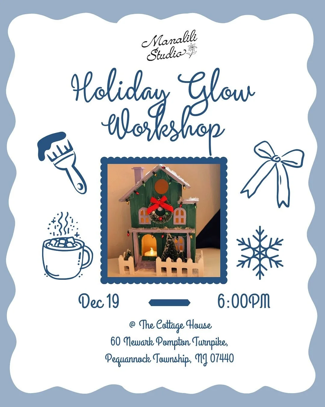 Let&rsquo;s get festive! 💫 Join us on Friday, Dec 19 from 6&ndash;8:30 PM at The Cottage House in Pequannock, Nj for a night of creativity, cocoa, and holiday cheer.
We&rsquo;ll be painting and decorating wooden holiday houses&mdash;each one complet