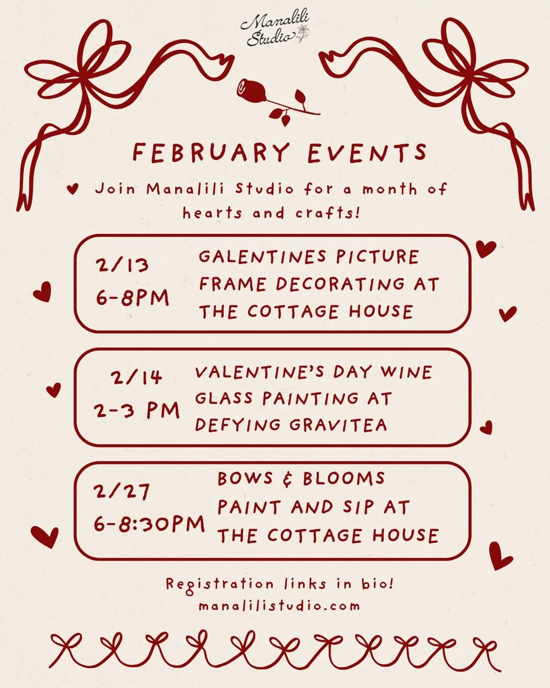 💘 Hearts &amp; Crafts are on the calendar! 💘
**Calendar update!!** Join Manalili Studio for a cozy February full of creativity, connection, and the sweetest projects at The Cottage House and Defying Gravitea in Pequannock, NJ.

🌷 Galentine&rsquo;s