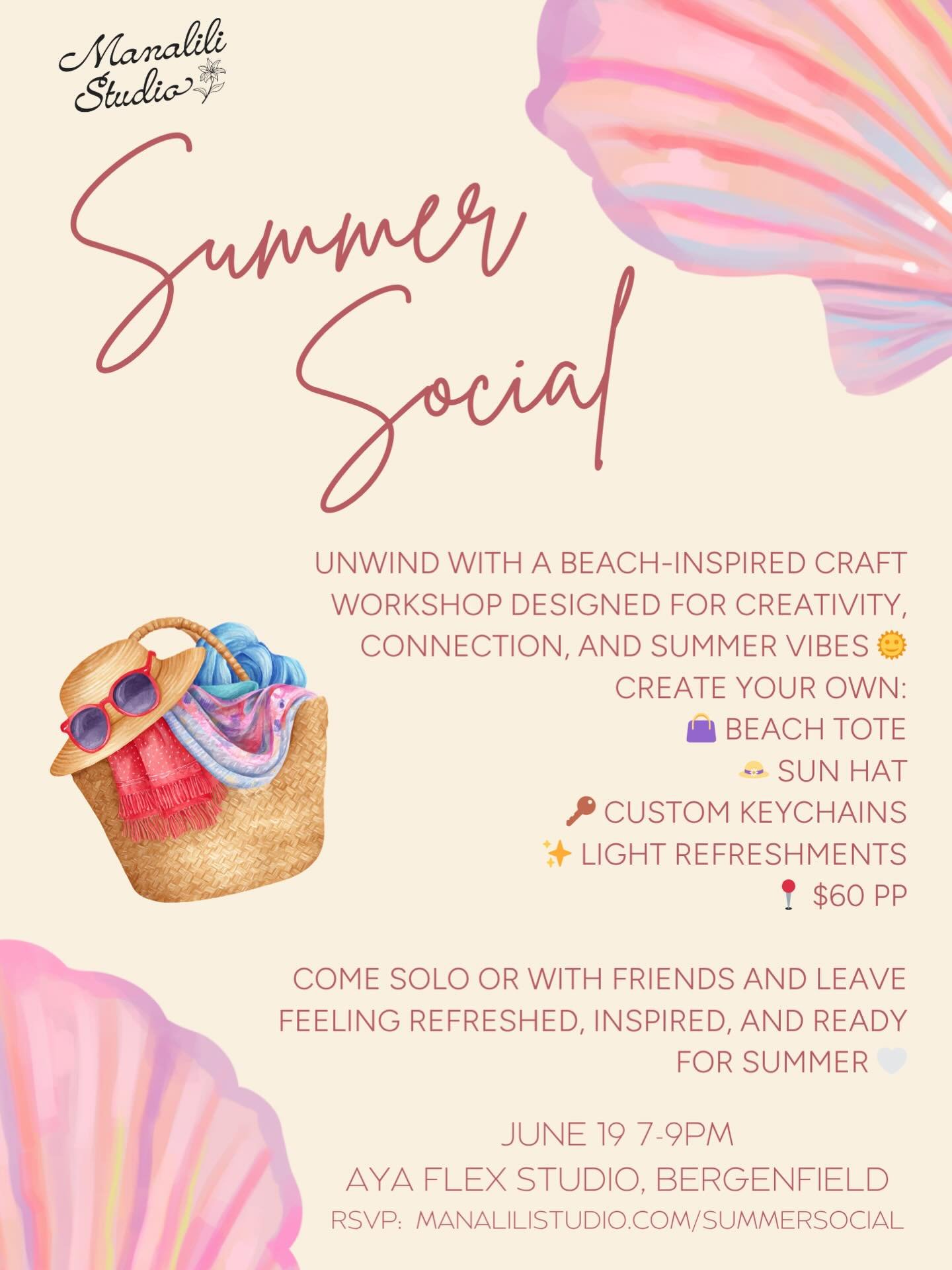Happy Monday! I&rsquo;m bringing my next art workshop to Bergen county! On June 19 from 7-9 PM at Aya Flex Studio in Bergenfield, I&rsquo;ll be hosting my Manalili Studio Summer Social!

Unwind at a beach-inspired craft night designed for creativity,
