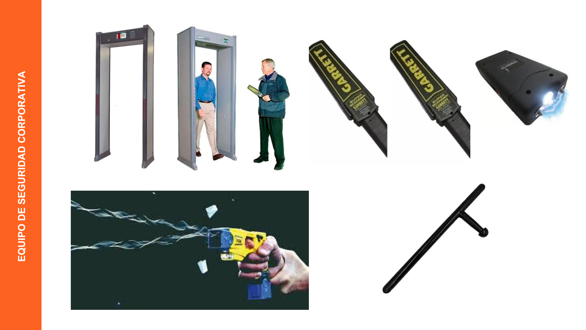Equipos de seguridad: arco detector de metales usado por guardias, detectores de metales manuales, pistola eléctrica tipo táser y bastón policial.