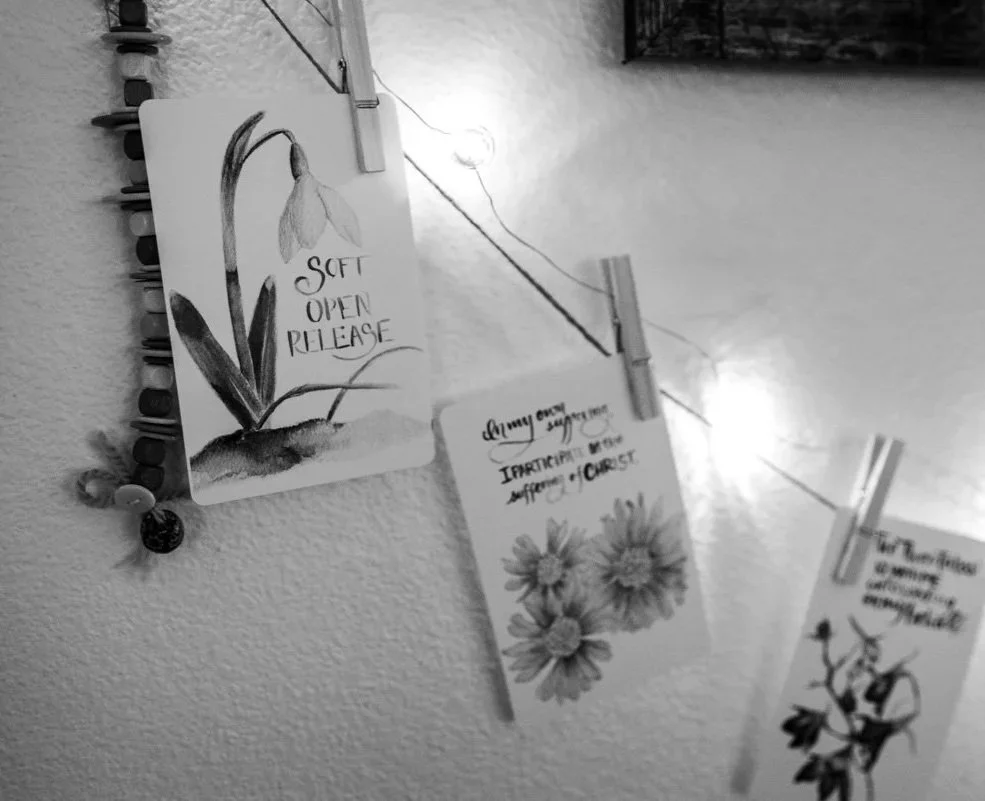 Birth Affirmations displayed on the wall at a home birth attended by a Certified Professional Midwife. The affirmations offer encouragement to Soften, Open and Release.