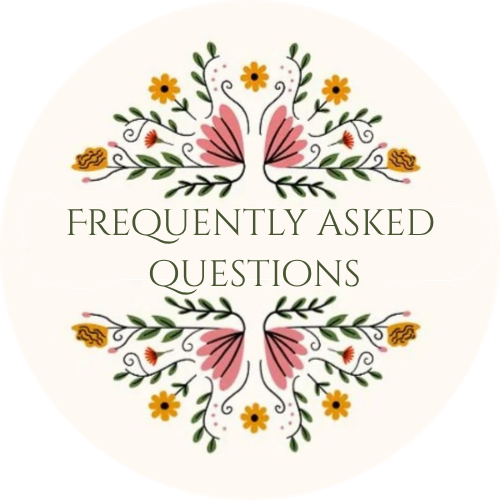 A floral design with pink butterflies, yellow flowers, and green leaves surrounding the text 'Frequently Asked Questions' in the center.