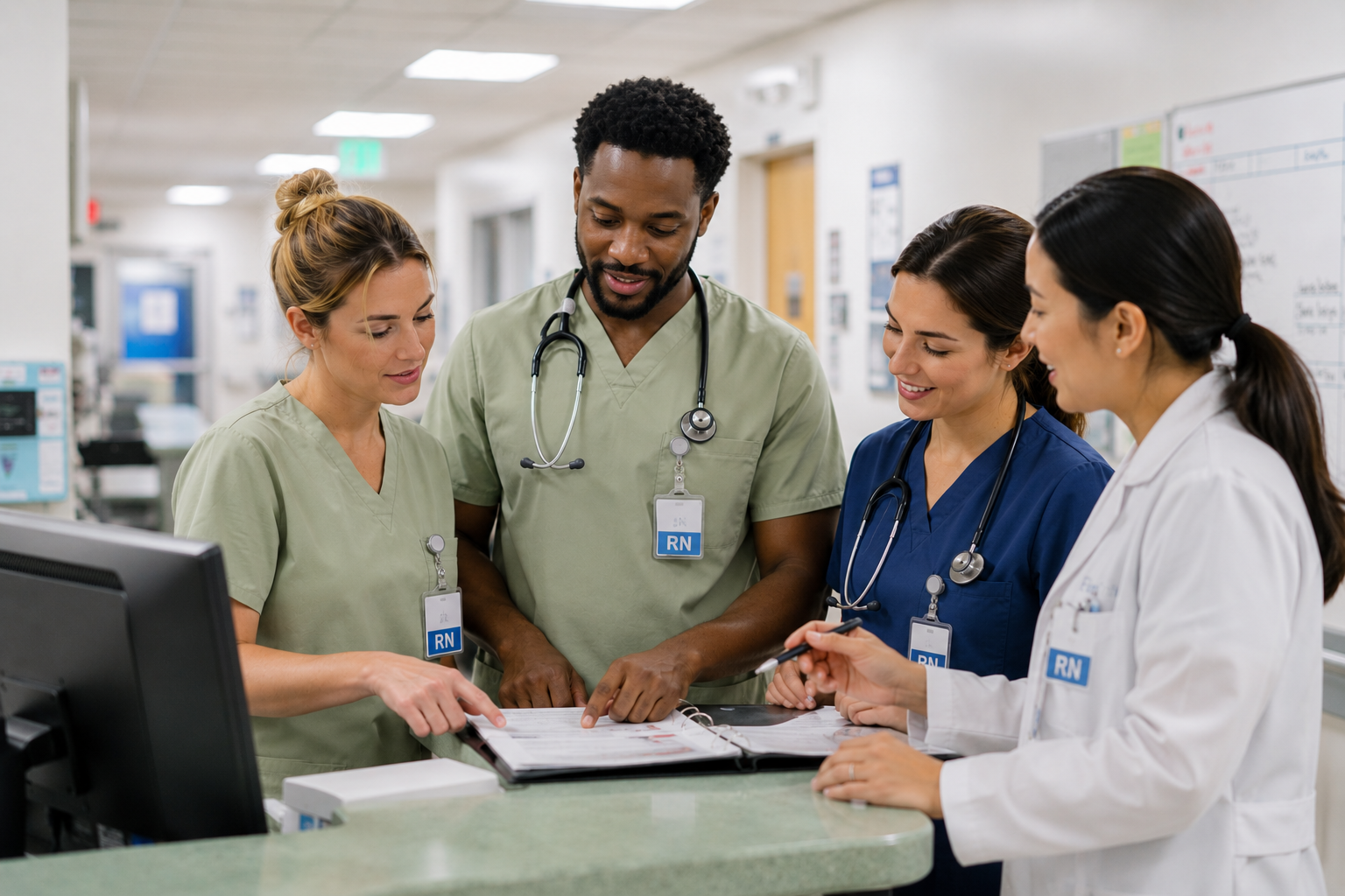 Four healthcare professionals, three women and one man, gathered around a monitor in a hospital setting, discussing charts and patient information.