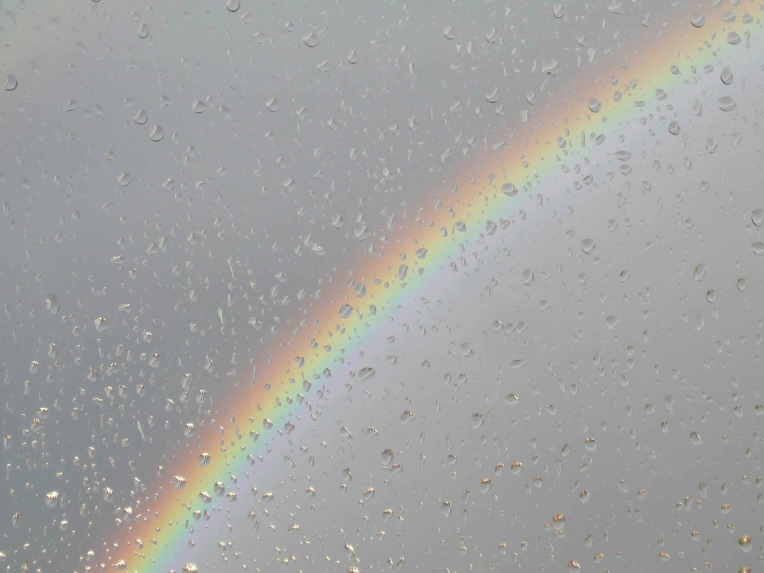雨粒がついた窓越しに見える虹