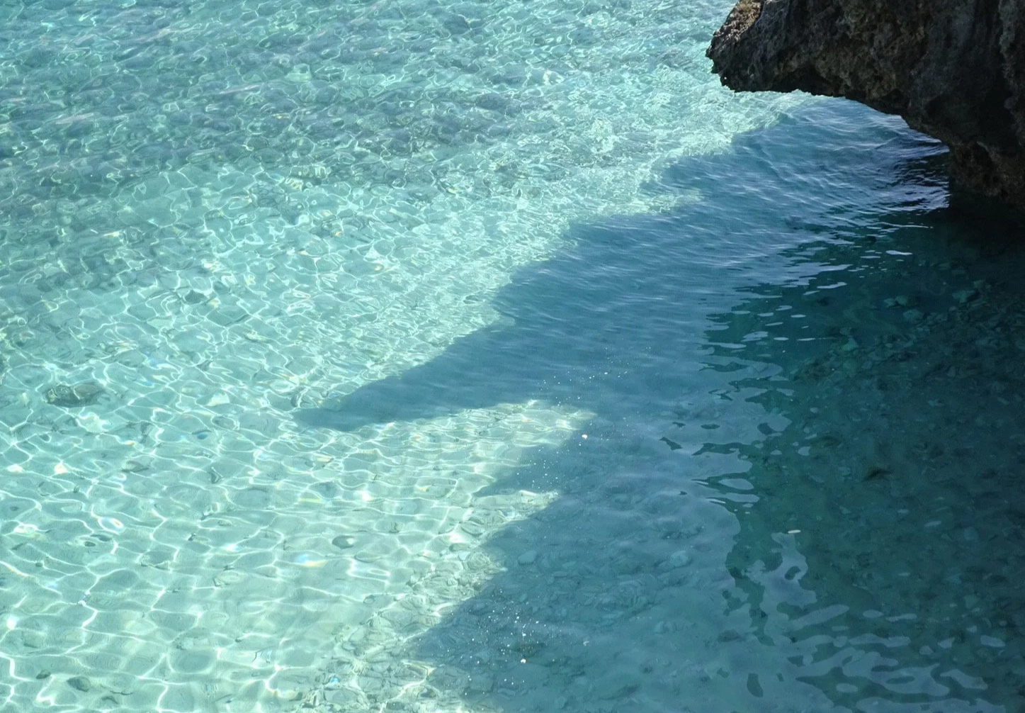 透明な海水と岩の間の水面に日光が反射している光景
