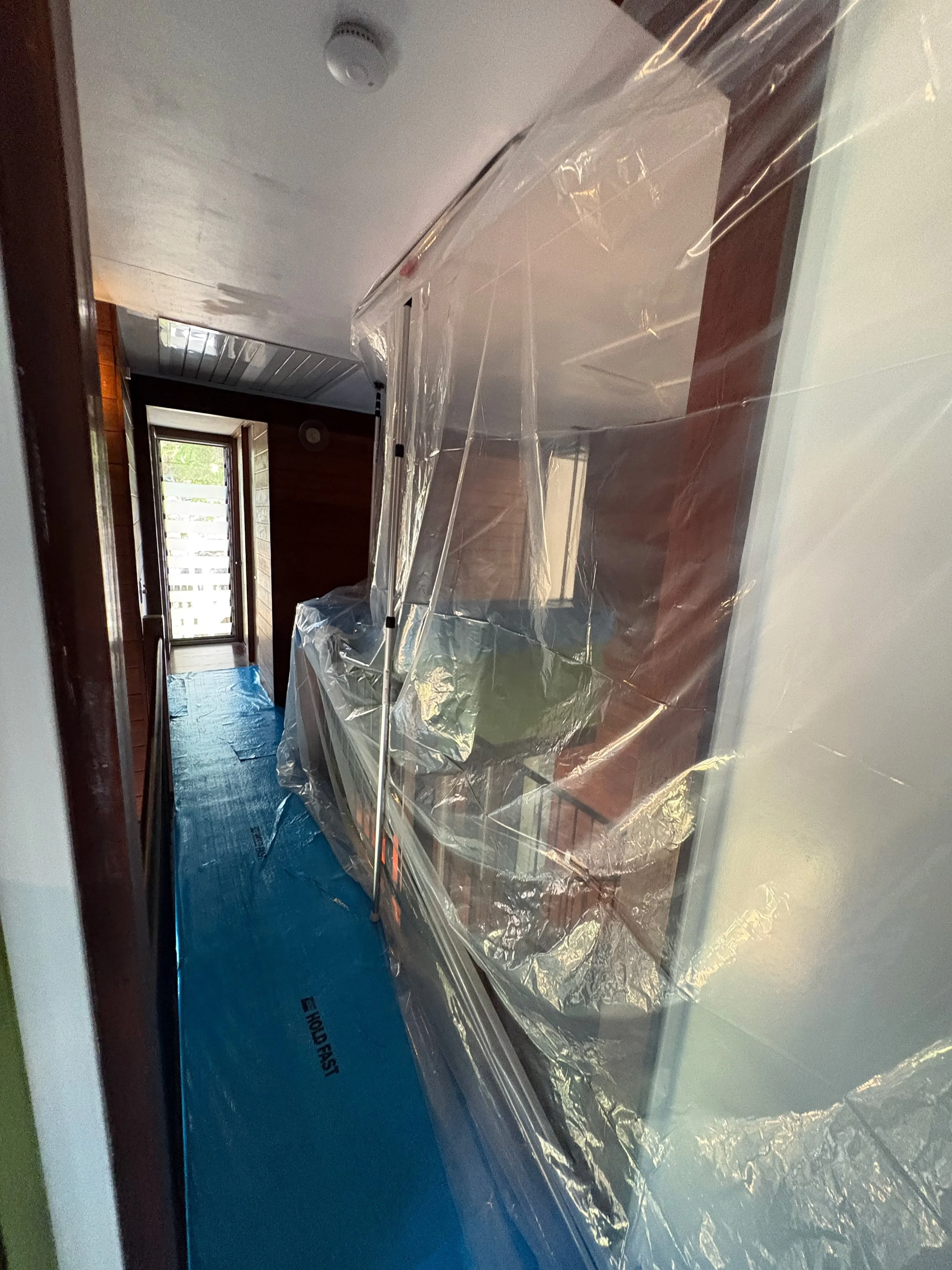 A narrow hallway with a door at the end, covered with a blue drop cloth on the floor and plastic sheeting hanging on the right side, likely for painting or renovation.