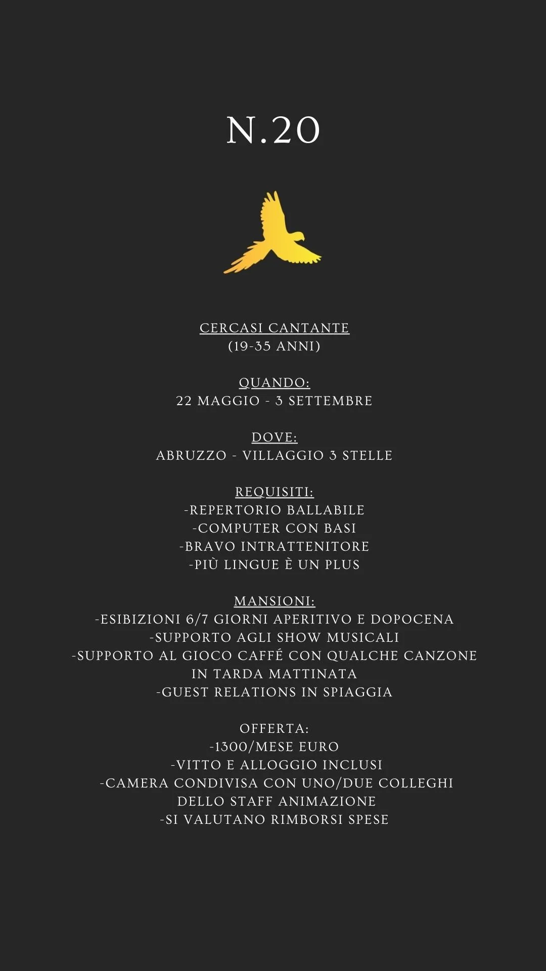 Locandina di un annuncio di ricerca di cantante/pianista per età 19-45 anni, con date dal 29 agosto al 29 settembre, in provincia di Ragusa. Include requisiti, mansioni e dettagli dell'offerta lavorativa.