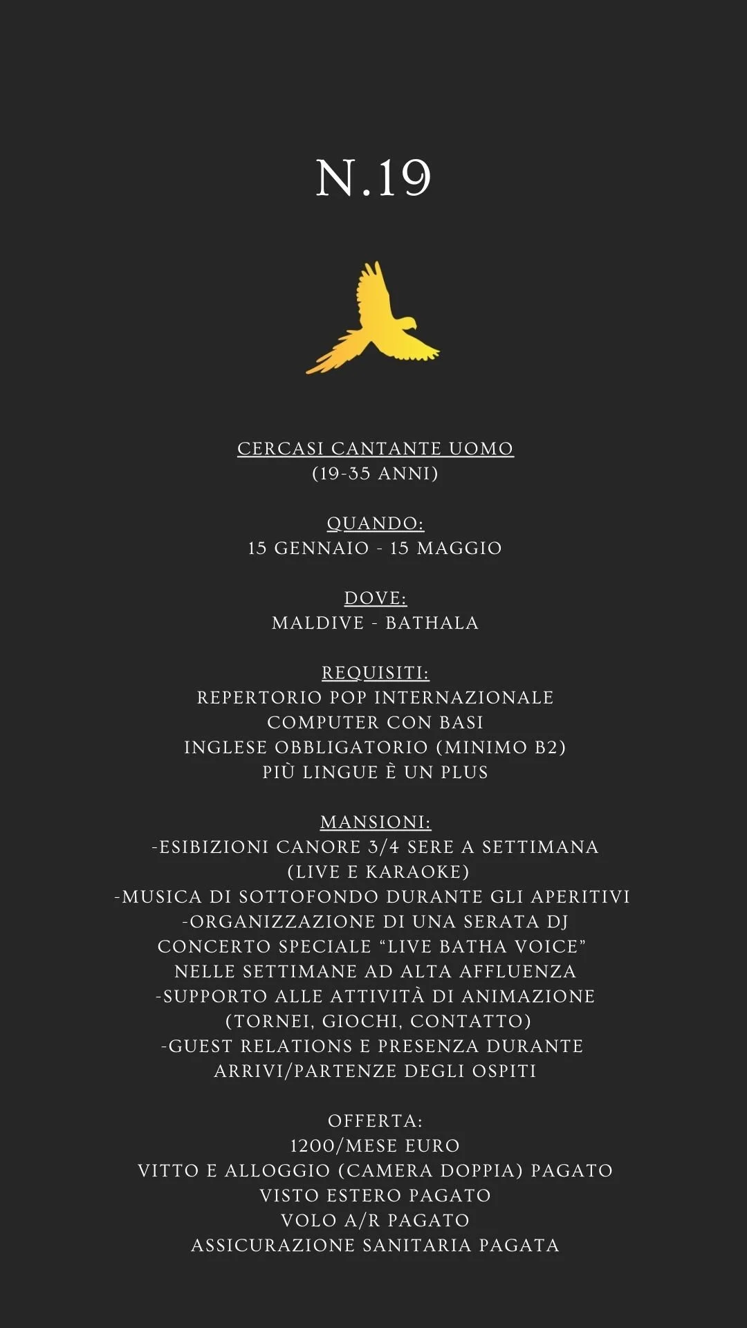 Locandina di un annuncio di ricerca di cantante/pianista per età 19-45 anni, con date dal 29 agosto al 29 settembre, in provincia di Ragusa. Include requisiti, mansioni e dettagli dell'offerta lavorativa.