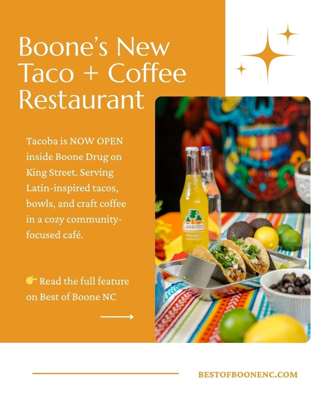 🌮 Boone has a new taco + coffee spot and it&rsquo;s already stealing hearts! ✨Tacoba @tacobaboone  is serving up Latin-inspired tacos, bowls, breakfast bites, and craft coffee inside Boone Drug on King Street.

It&rsquo;s not just about the food (th