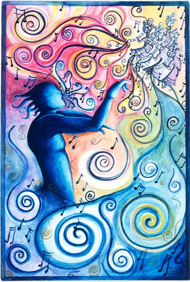Conductor and Kokopelli, watercolor on paper