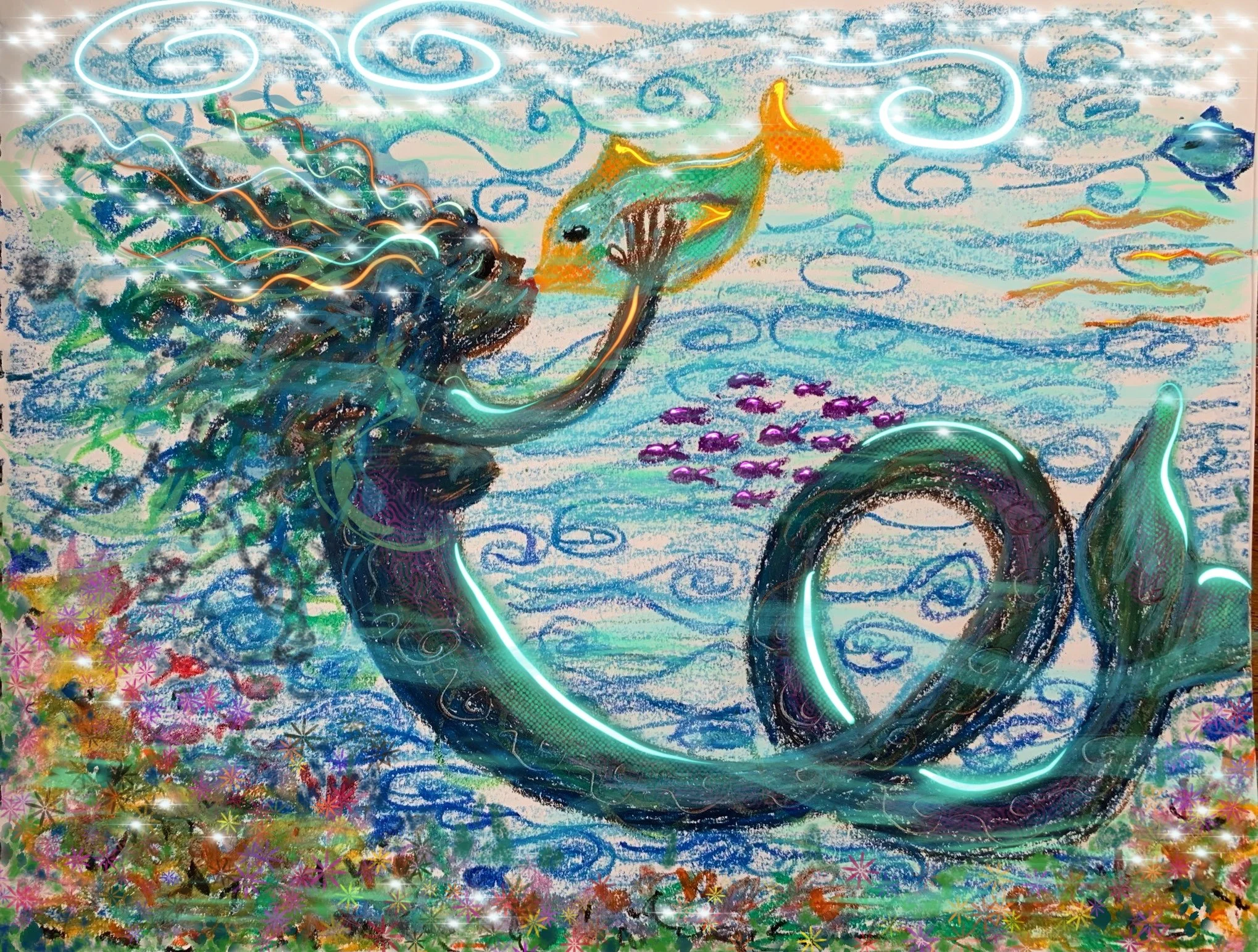 Fish Kiss, 2021, oil pastel on paper/digitally enhanced