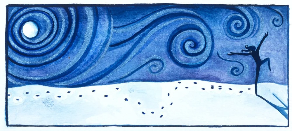 Moonlight Walk, watercolor on paper