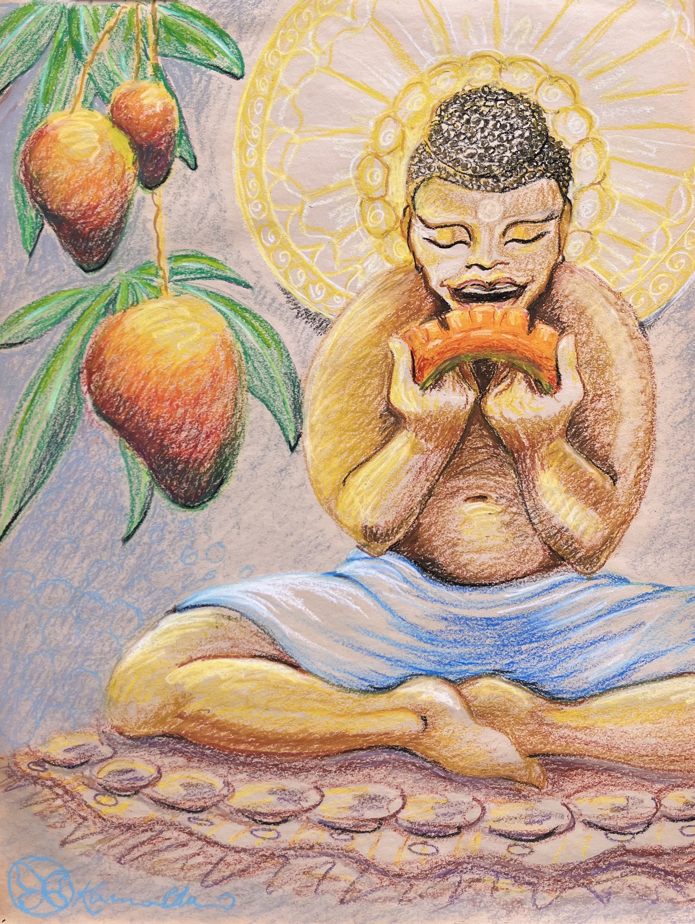 Buddha Eating Mango, oil pastel on paper, 2025