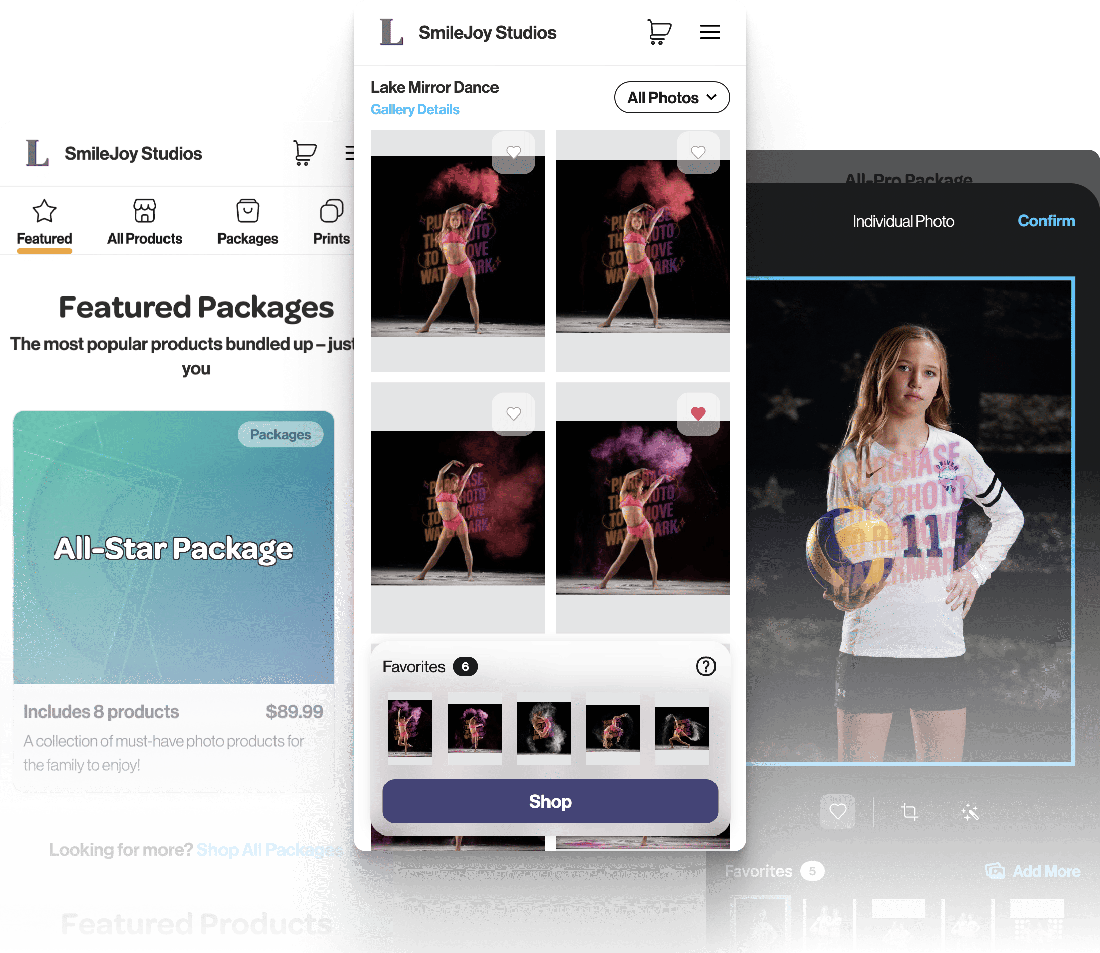 Screenshots of a website and app showing a dance studio's photo packages, featuring pictures of a dance performance with colored powder and a girl holding a volleyball in a sports uniform.