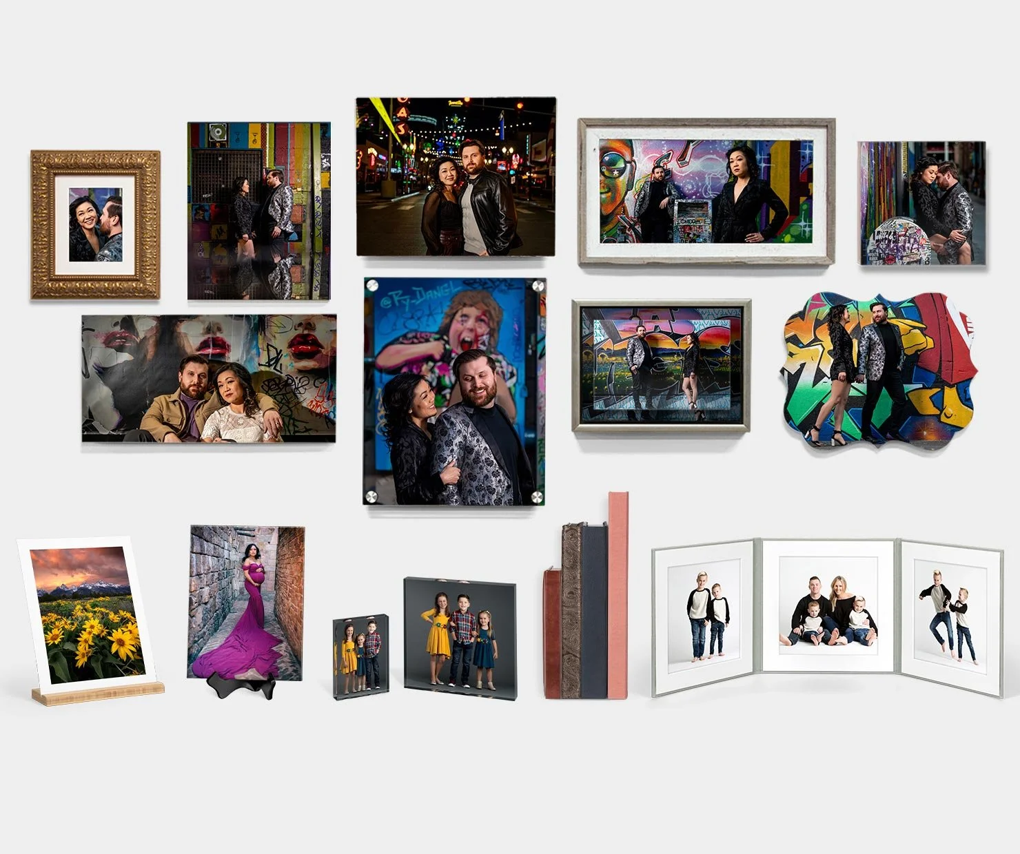 A wall collage of various framed photographs and smaller picture collections, including portraits, group photos, street scenes, and artwork, arranged on a white background.