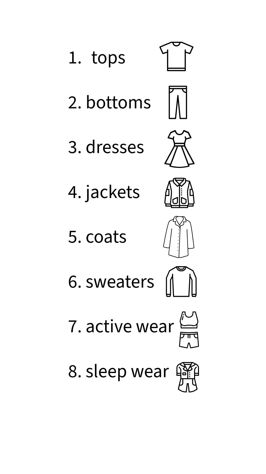 A list of clothing categories with corresponding simple line drawings: tops, bottoms, dresses, jackets, coats, sweaters, active wear, sleep wear.