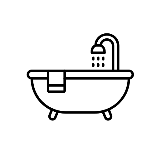 Line drawing of a bathtub with a towel hanging over the side and a faucet with water flowing.
