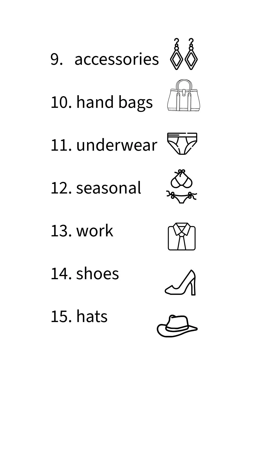 A list with numbers 9 to 15, each with text and corresponding icons: accessories with earrings, hand bags, underwear, seasonal with swimsuits, work with a shirt and tie, shoes with a high heel shoe, hats with a fedora