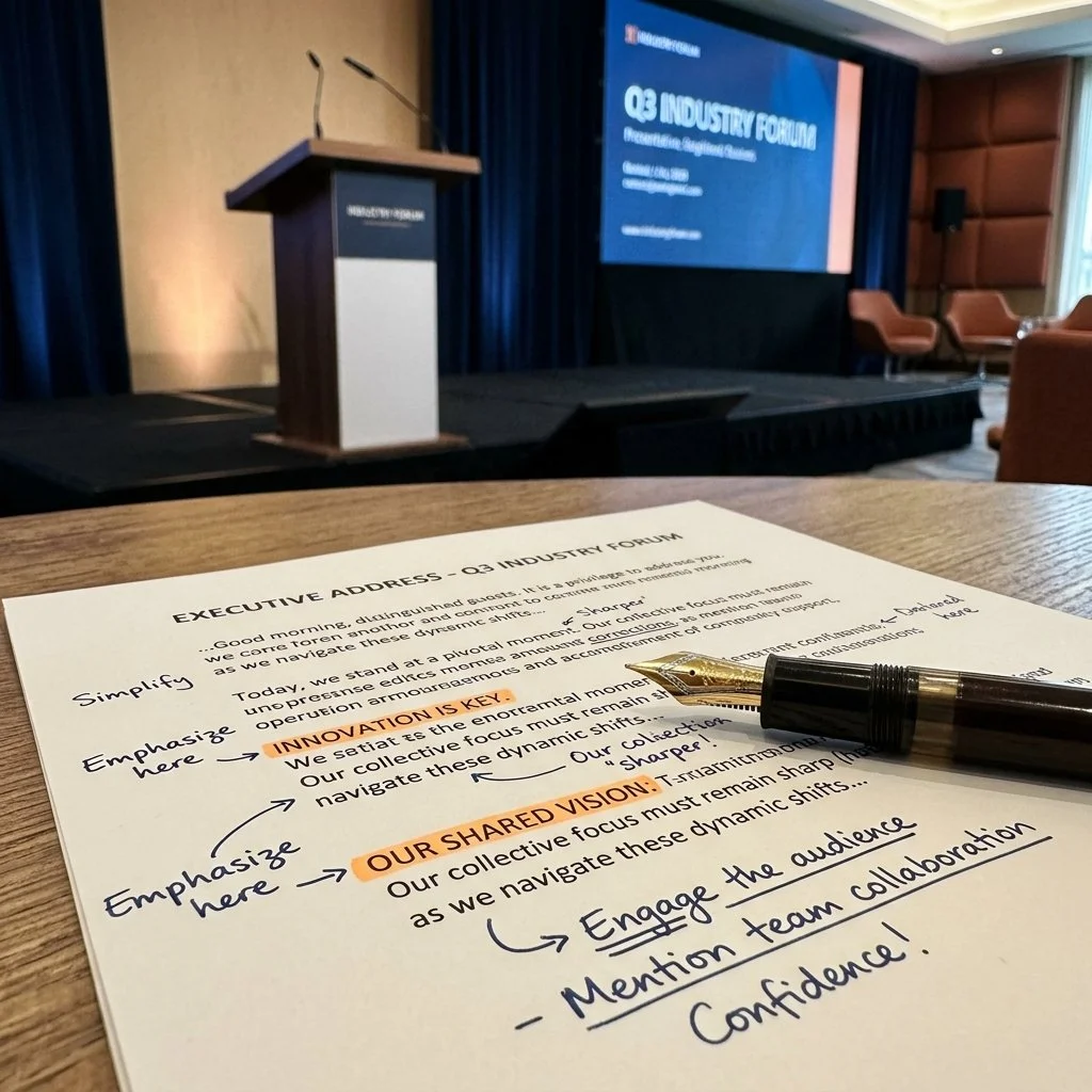 Great speechwriting isn't about putting fancy words into an executive's mouth. It's about capturing their authentic voice and translating complex goals into a narrative that moves audiences.