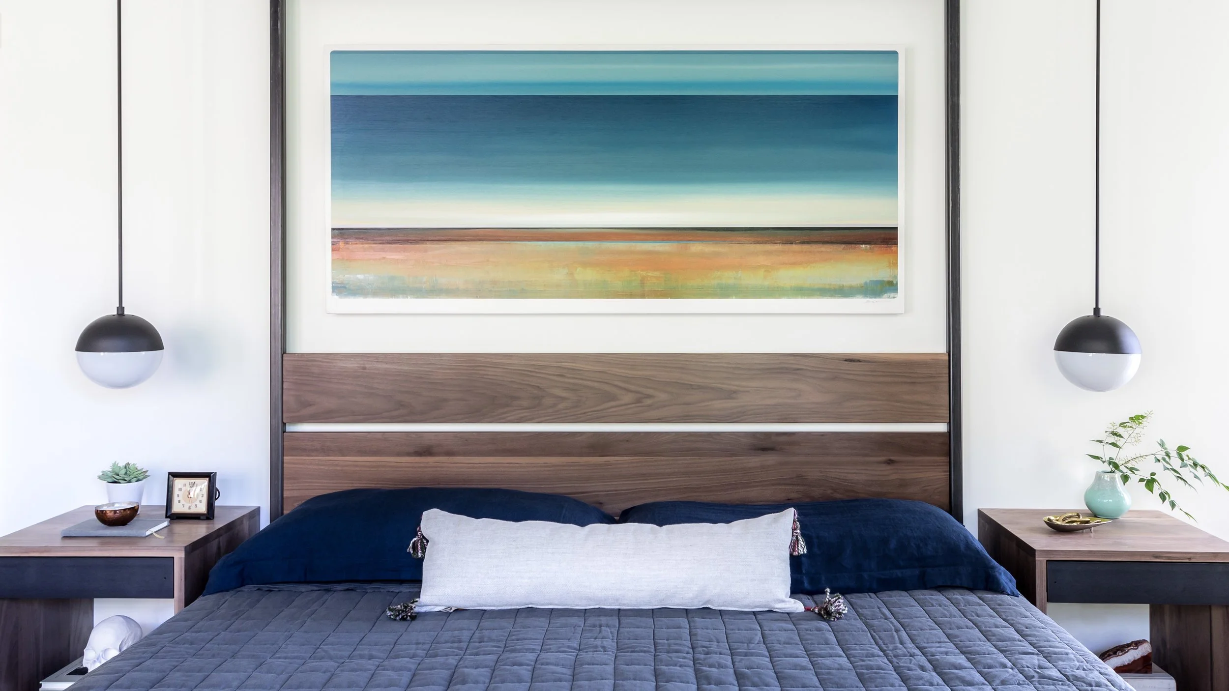 East Sacramento Modern Bedroom - walnut and steel bed, with an abstract landscape painting by Micah Crandall-Bear