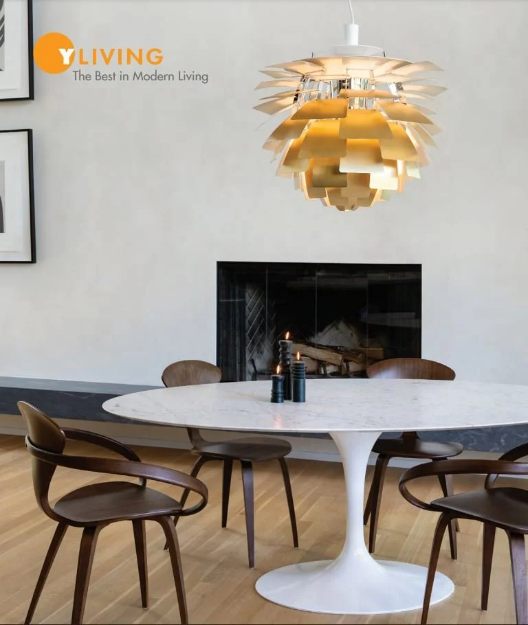 Modern Dining Room with Louis Poulsen Artichoke and Saarinen Table in Carrara Marble