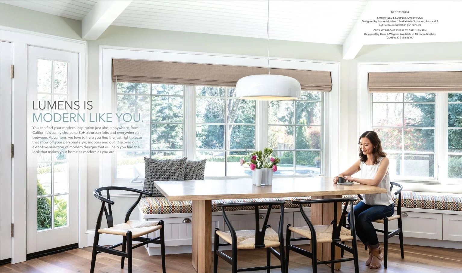 Modern Dining Nook with Wishbone Chairs and Flos Smithfield Pendant. Photo by Kat Alves for Lumens