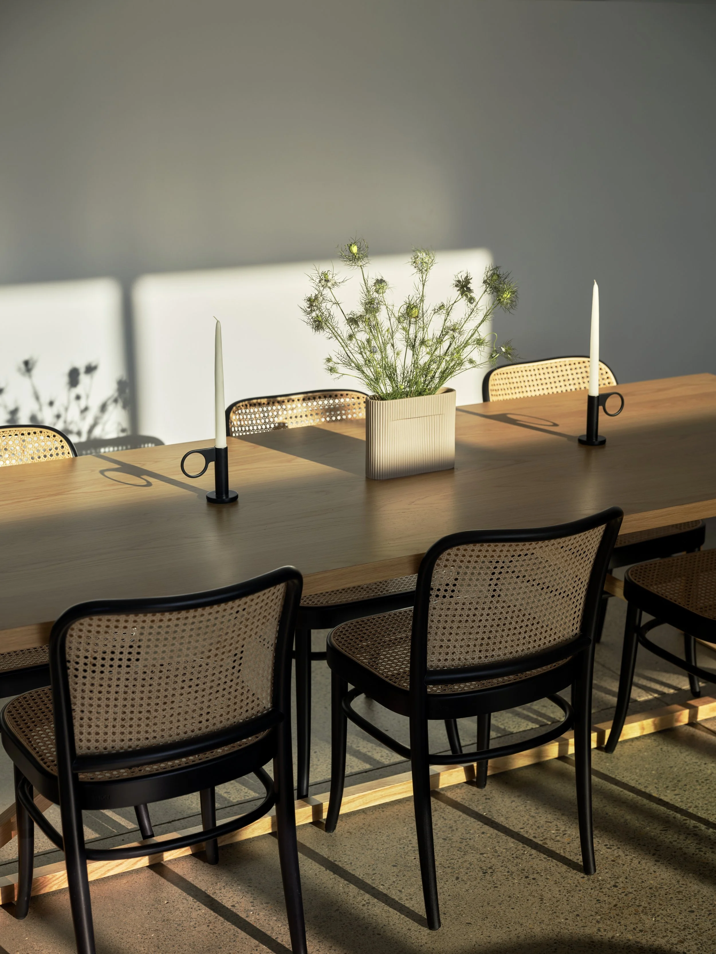 Morning light in the Scandinavian-inspired dining room at the Amador home in the Sierra Nevada foothills.