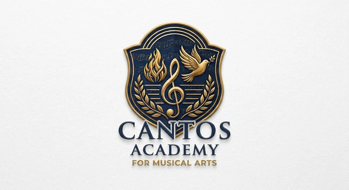 A logo for Cantos Academy for Musical Arts with a crest featuring a gold flame, a bird holding a branch, musical notes, a treble clef, and laurel branches on a dark blue shield background.
