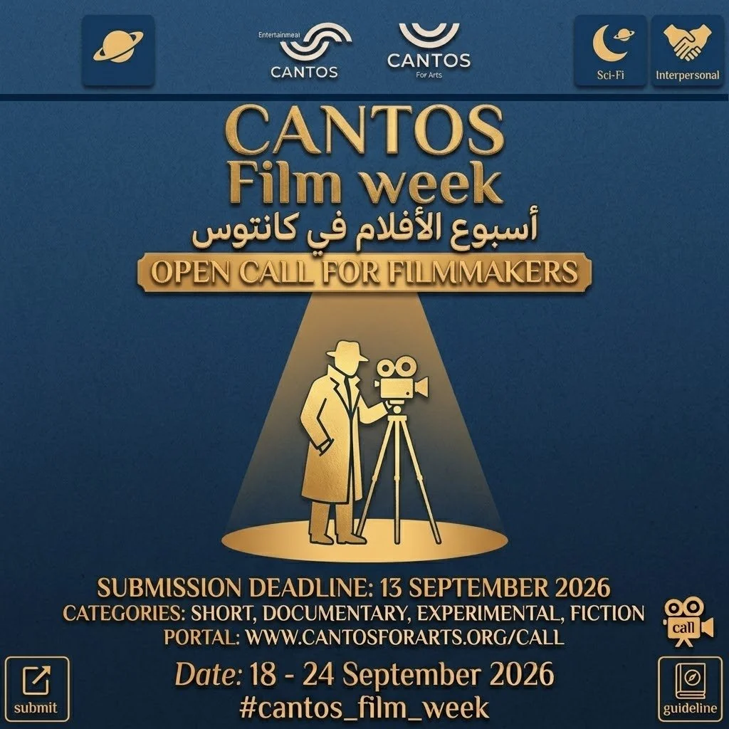 Poster for Cantos Film Week with a man in a coat and hat operating a vintage film camera, with text announcing an open call for filmmakers, submission deadline, categories, and event dates.