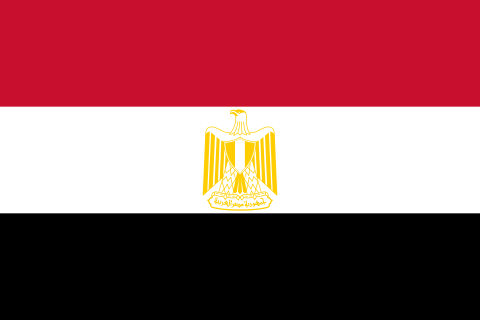 Flag of Egypt, with horizontal red, white, and black stripes and a yellow eagle emblem in the center of the white stripe.