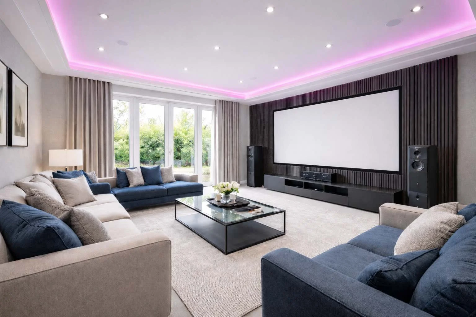 Bright, modern living room with integrated home cinema, photographed with clean, natural lighting for estate agent property marketing.
