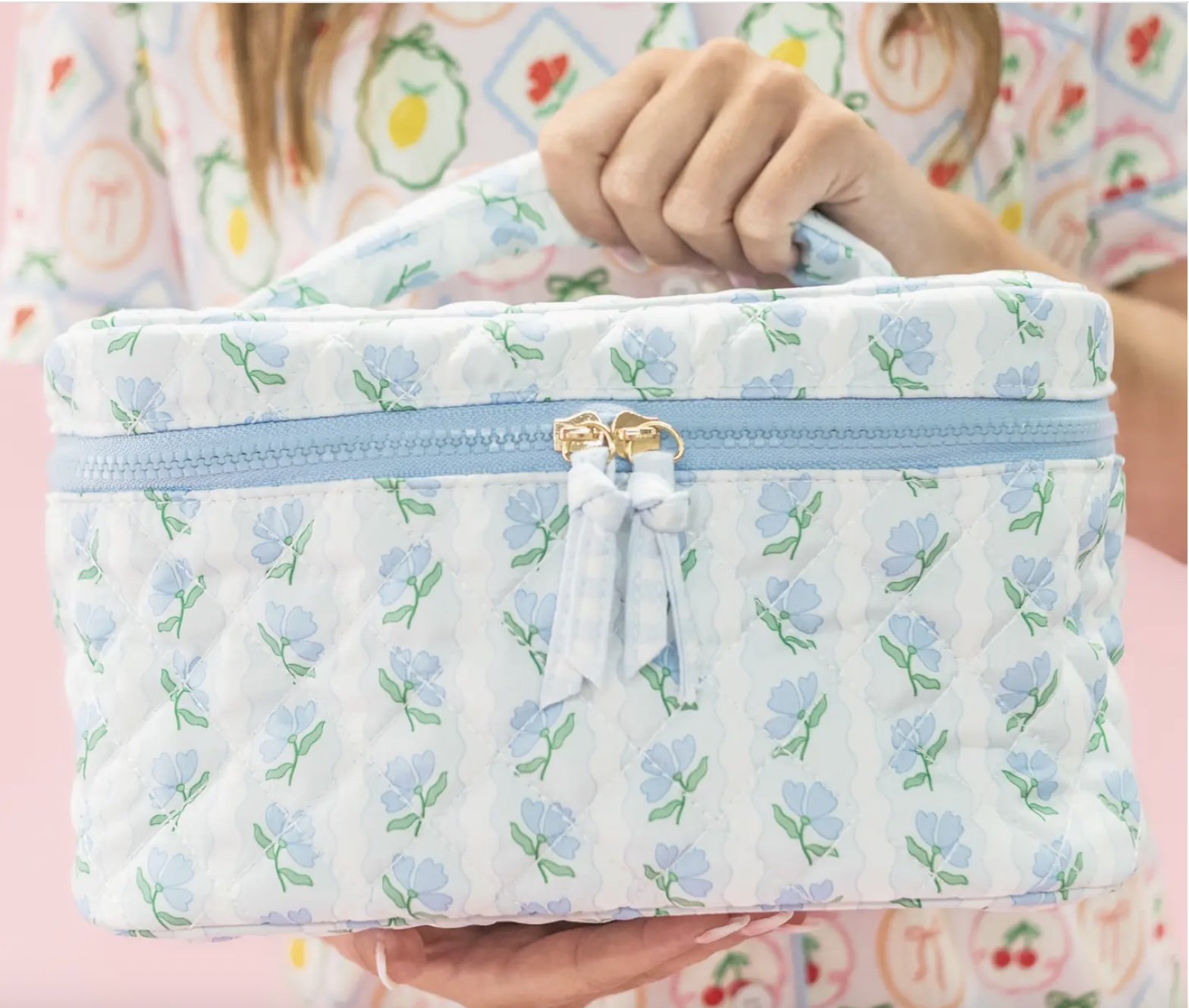 Blue Floral Quilted Cosmetic Bag with Top Handle