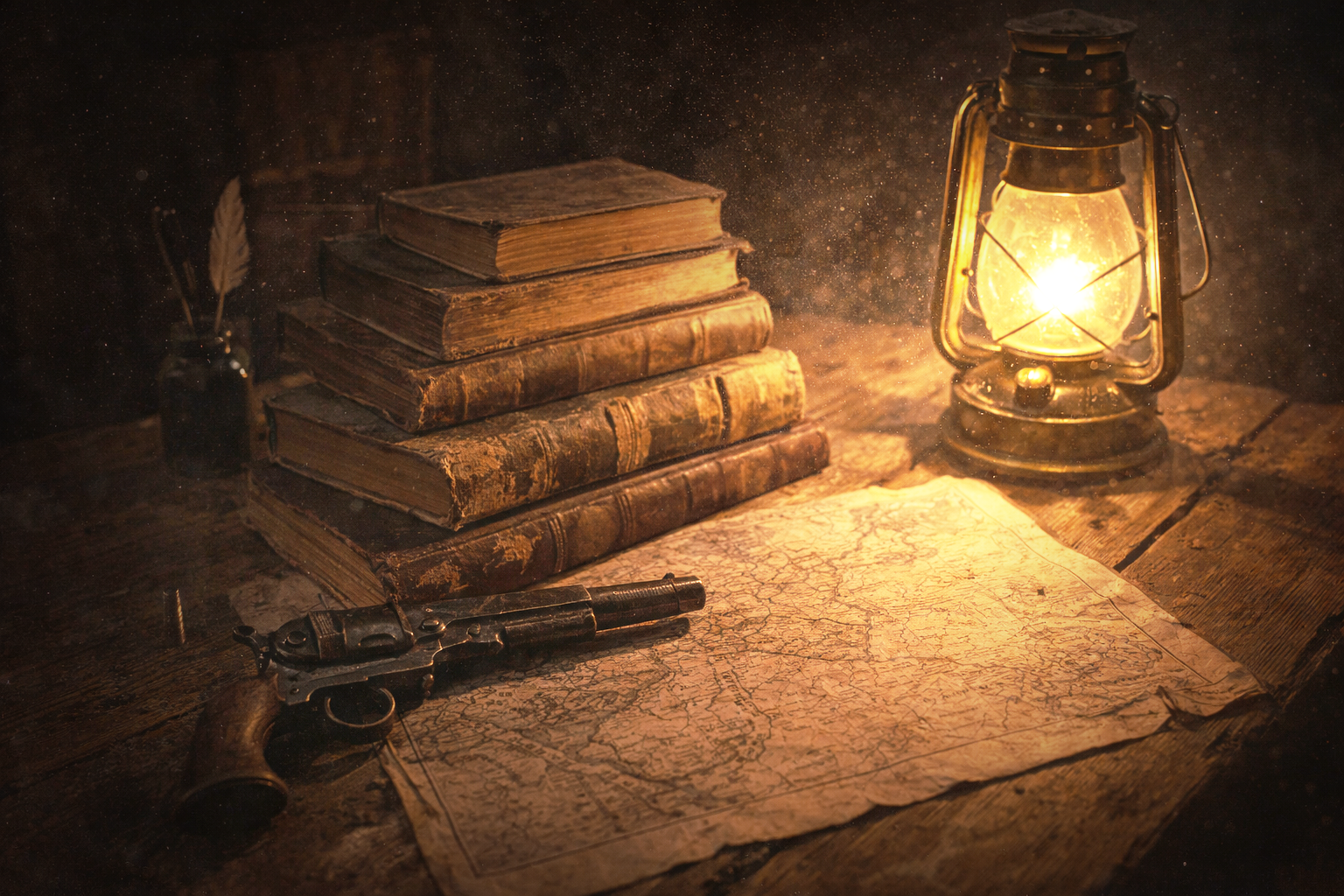 An old wooden desk lit by a vintage lantern, with a stack of aged books, a map, a pistol, and a small jar with feathers.