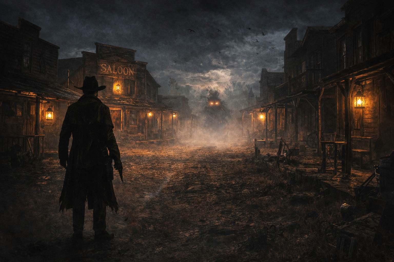 A dark, eerie Old West town street at night with a figure in a cowboy hat holding a gun in the foreground, a giant creature with glowing eyes in the distance, and a foggy sky overhead.