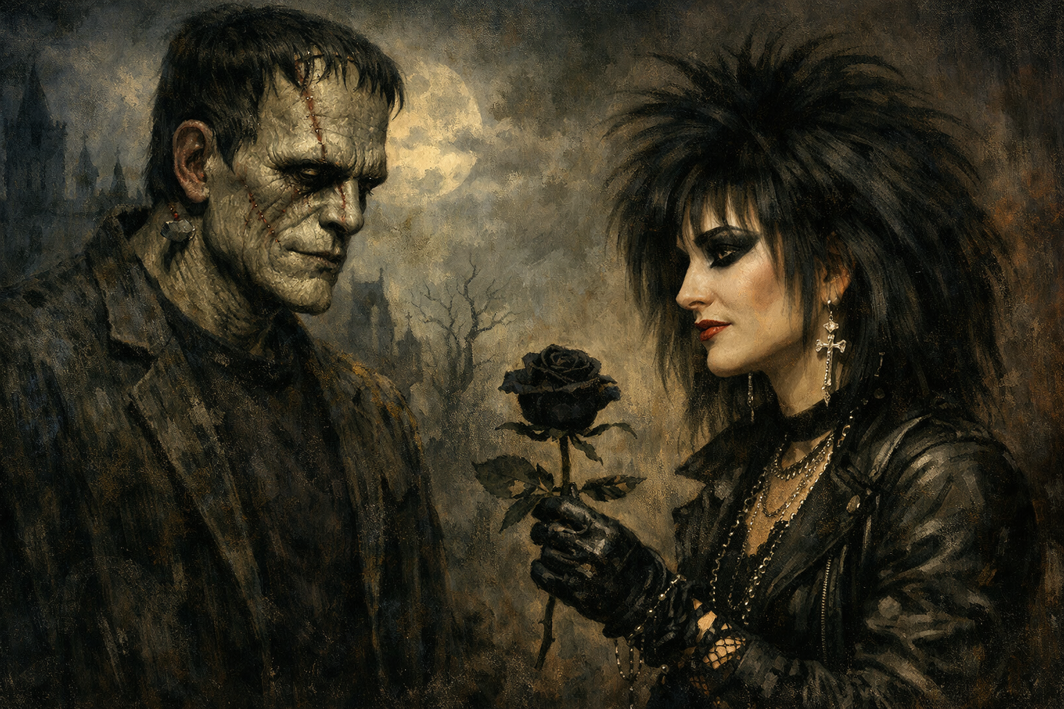 Gothic vs Goth illustration showing Frankenstein’s monster and a goth woman holding a black rose, representing Gothic literature vs Goth subculture.