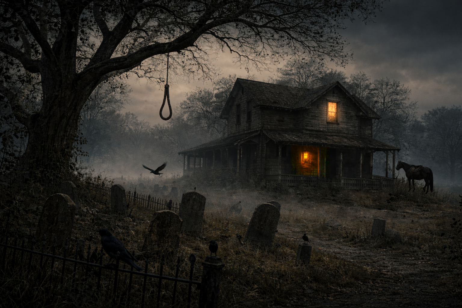 Old abandoned house beside a graveyard with a hanging noose and horse in a foggy Gothic Americana rural landscape at night.