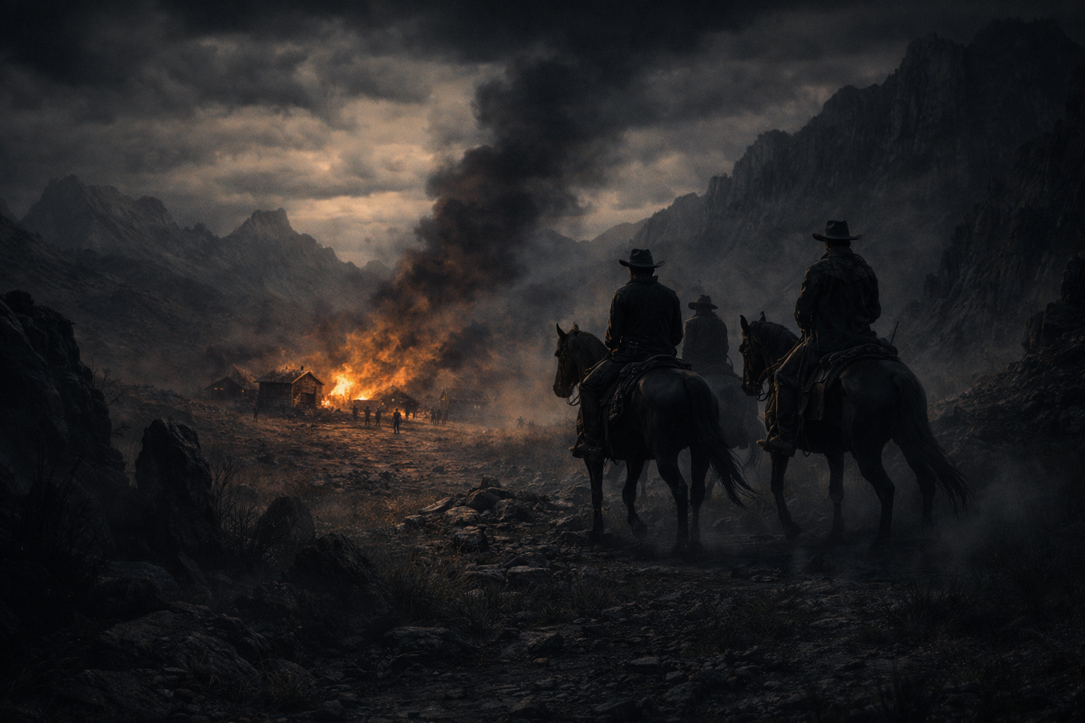 Cowboys on horseback watching a burning town in a remote desert landscape in the Dark Frontier Western Gothic setting.