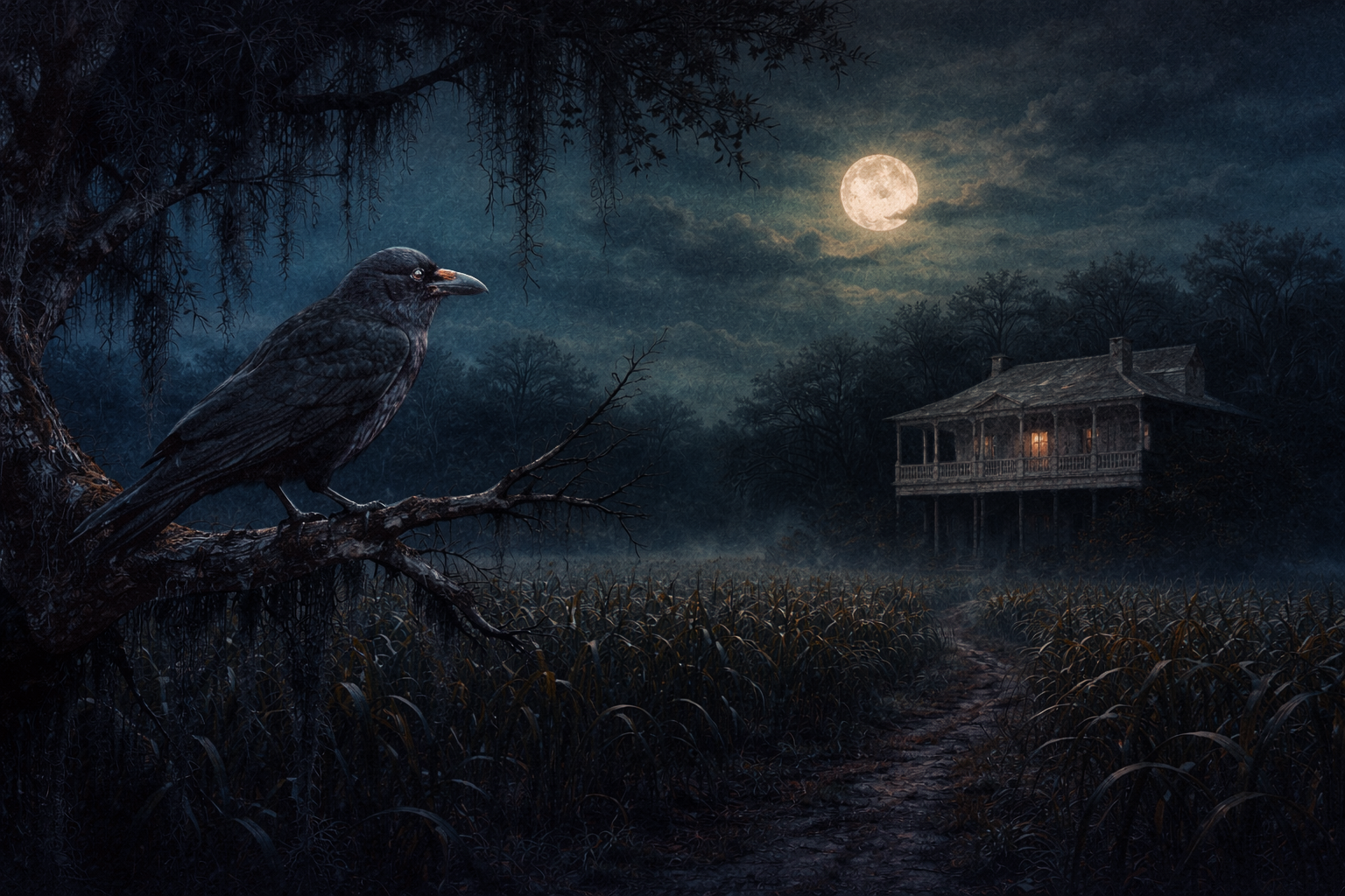 Black crow perched on a tree branch overlooking a moonlit haunted house and overgrown path in a Gothic Americana landscape at night.