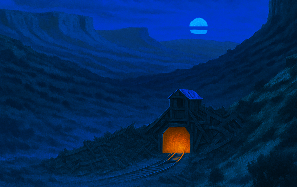 A dark mountain landscape at night with a full moon in the sky, featuring a mine entrance emitting orange light, with railroad tracks leading into it.
