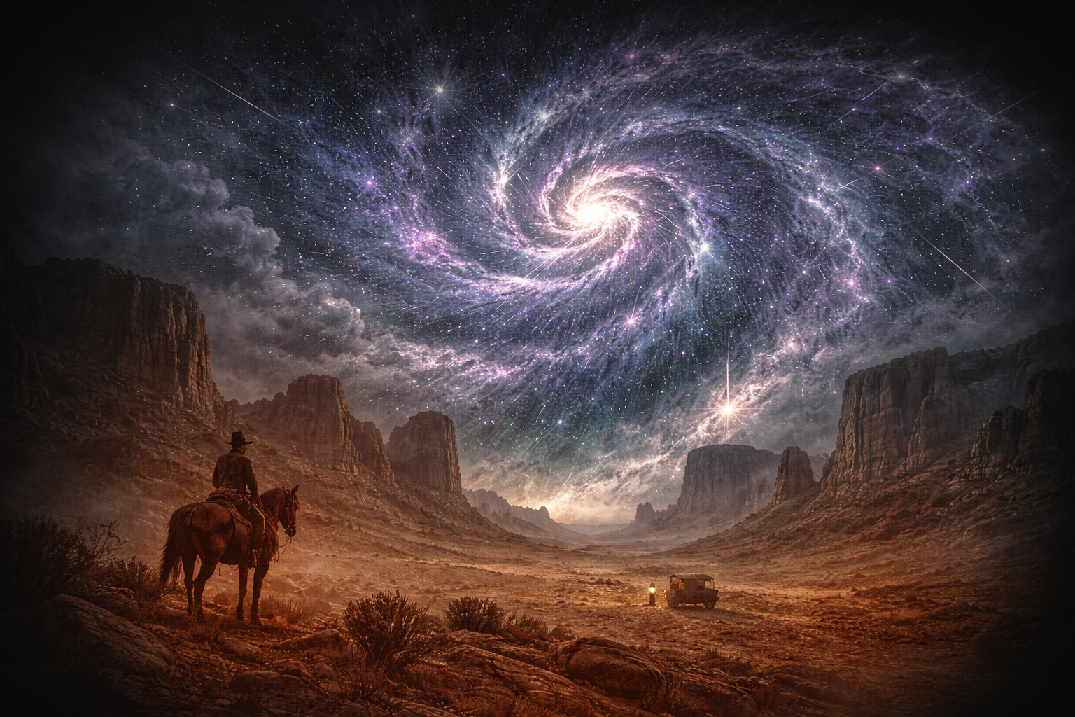 A cowboy on horseback gazes at a cosmic galaxy swirling in the sky above a rugged canyon landscape.