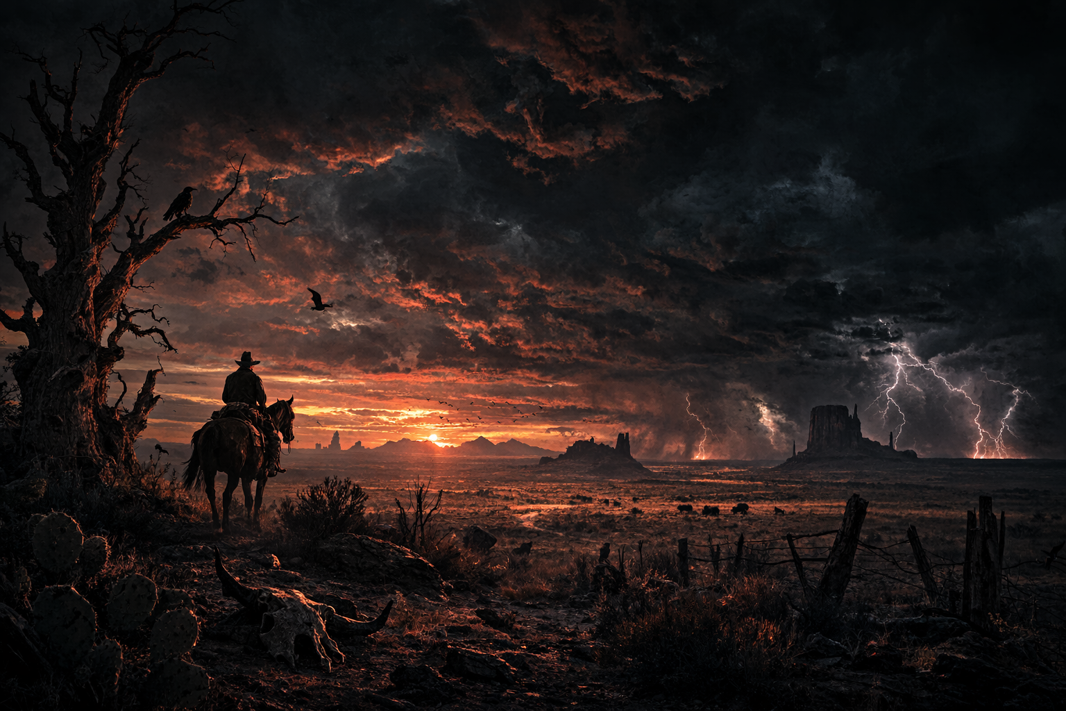 A cowboy on horseback overlook the desert landscape of Monument Valley at sunset, with dark storm clouds, lightning, and birds flying in the sky.