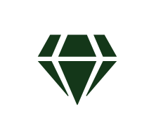 Dark green diamond-shaped geometric icon on a white background.