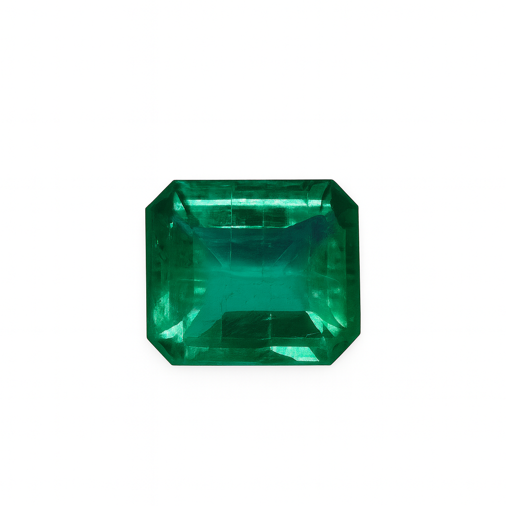 A vibrant green square-shaped gemstone with beveled edges, isolated on a white background.