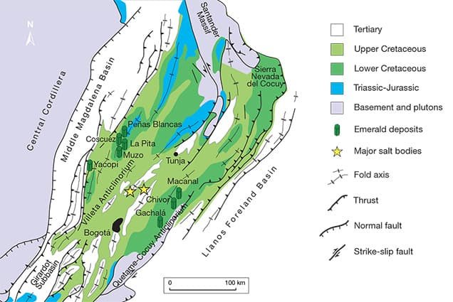 Map of Nevada showing geological formations, including Tertiary in white, Upper Cretaceous in light green, Lower Cretaceous in dark green, Triassic-Jurassic in blue, basement and plutons in black, and emerald deposits in dark green with major salt bodies marked by stars. Fault lines, thrusts, and strike-slip faults are indicated. The map covers the area from San Francisco to the Iowa border with a scale of 0 to 100 km.
