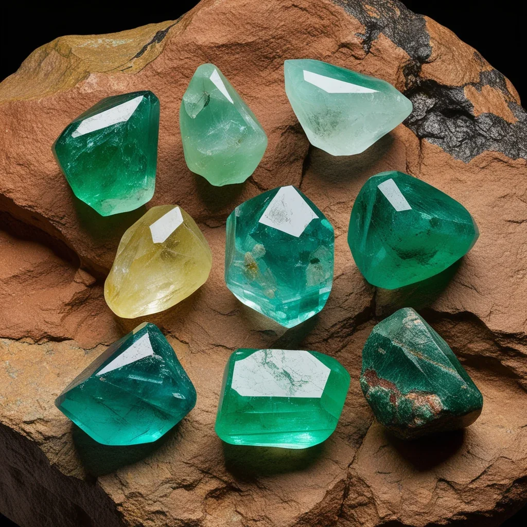 Ten semi-precious gemstones of various colors and shapes resting on a rough, reddish-brown rock surface.