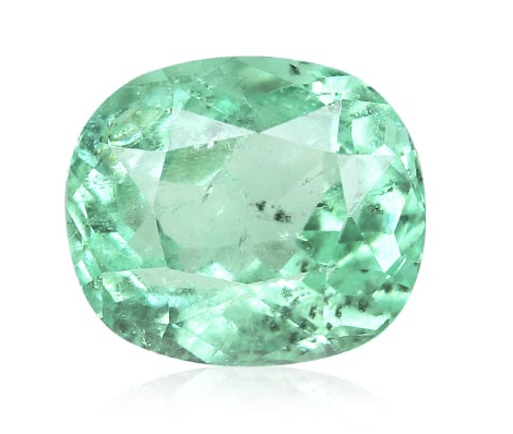 A green, faceted, oval-shaped gemstone with visible inclusions.